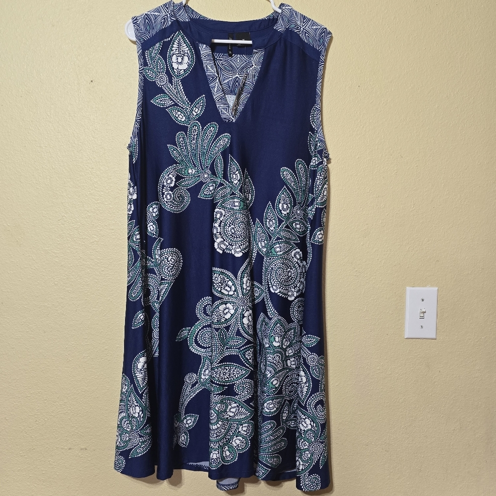 New Directions Womens Navy Blue Floral Split Neck Sleeveless Shift Dress Size 1X